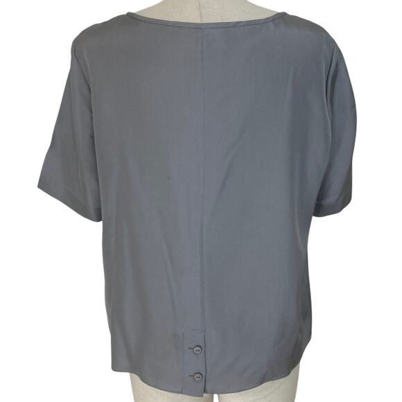 Tibi gray silk tie front top, womens 12 round neck short sleeve tie front blouse - Picture 3 of 8